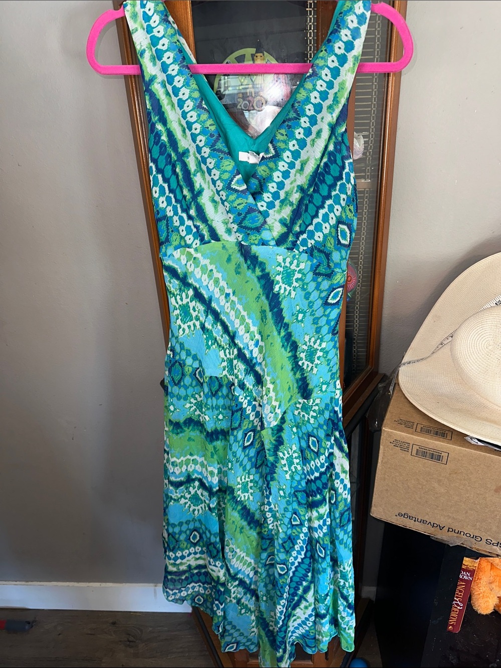 dressbarn Teal & Aqua Printed V-Neck Midi Dress